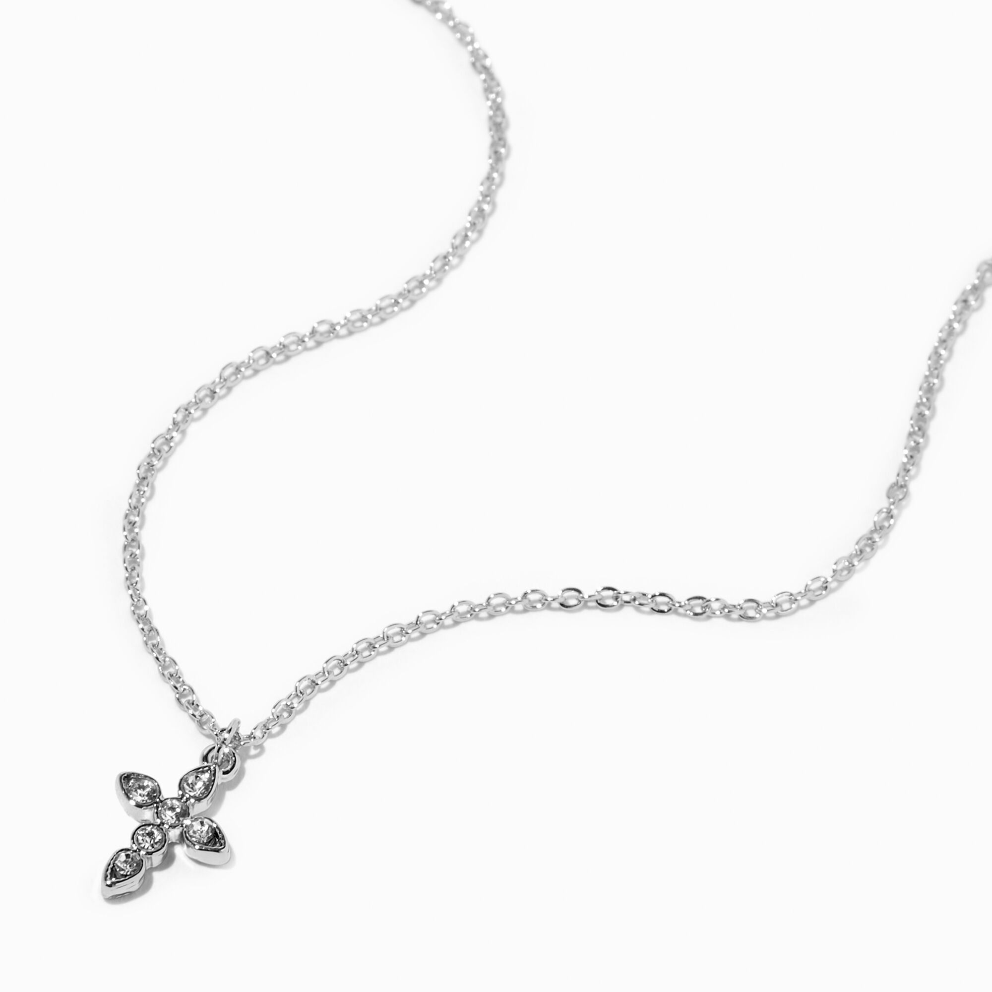 View Claires Tone Crystal Cross Pendant Necklace Silver information