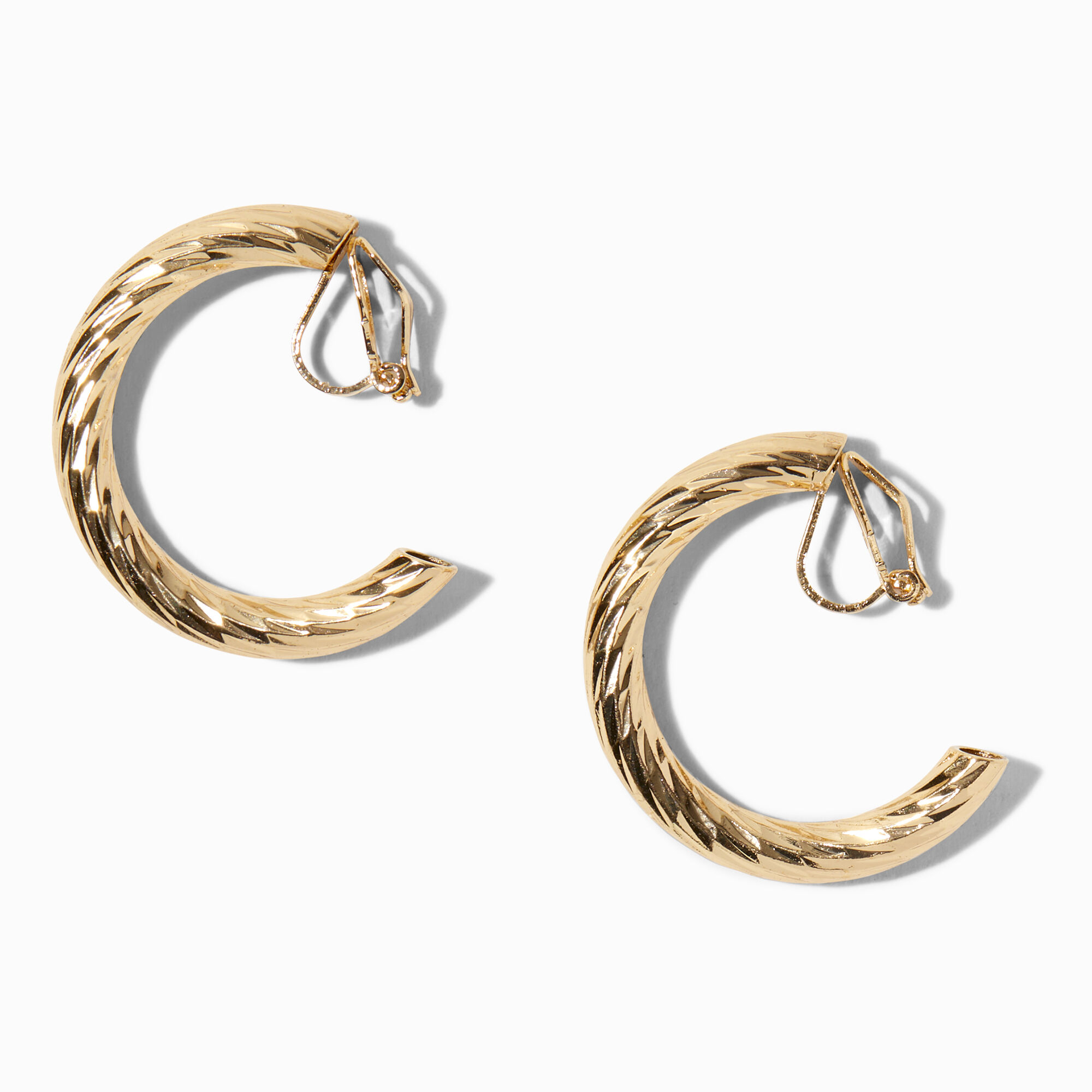 View Claires Tone 20MM Twisted Clip On Hoop Earrings Gold information