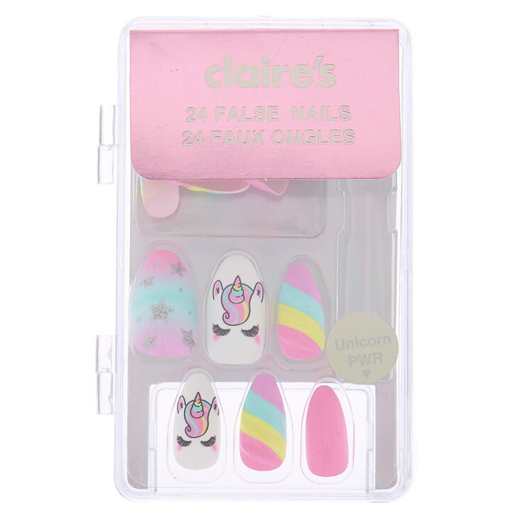 Lot de 24 faux ongles licorne arc-en-ciel,