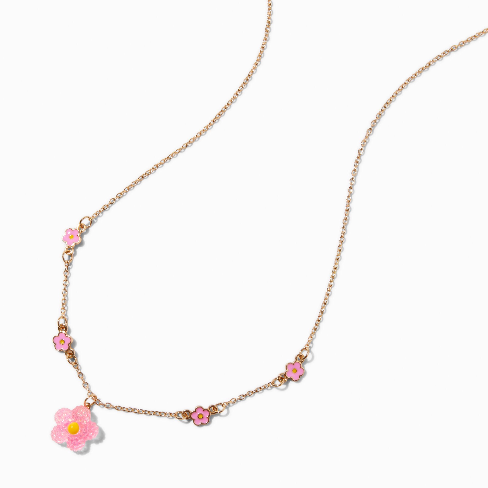 Pink Textured Daisy Gold-tone Pendant Necklace,