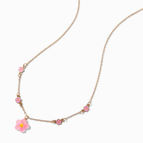 Pink Textured Daisy Gold-tone Pendant Necklace,