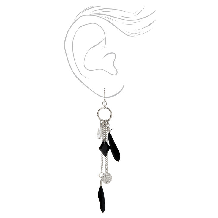Silver Feather Drop Earrings - Black,