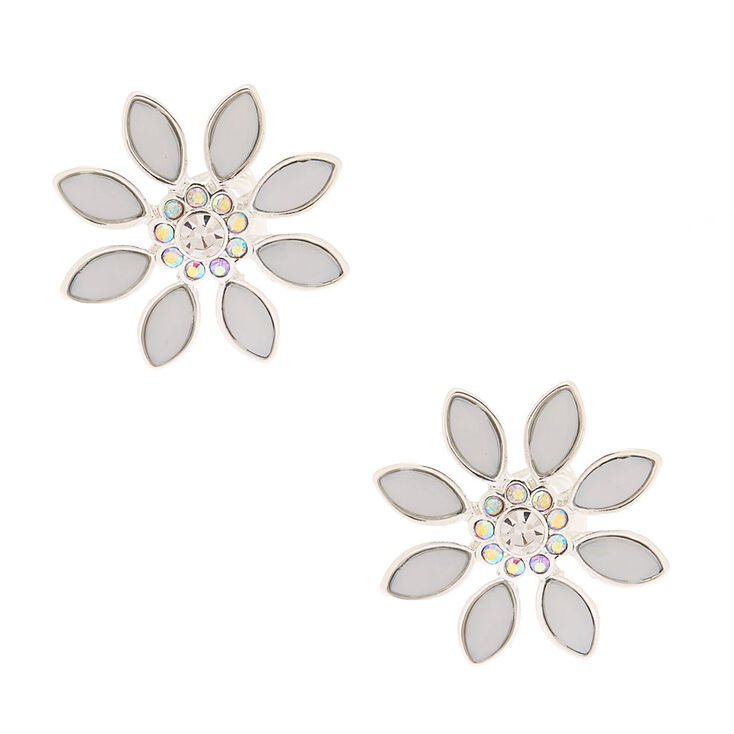 Silver Opal Crystal Flower Clip On Stud Earrings Silver Opal Crystal Flower Clip On Stud Earrings