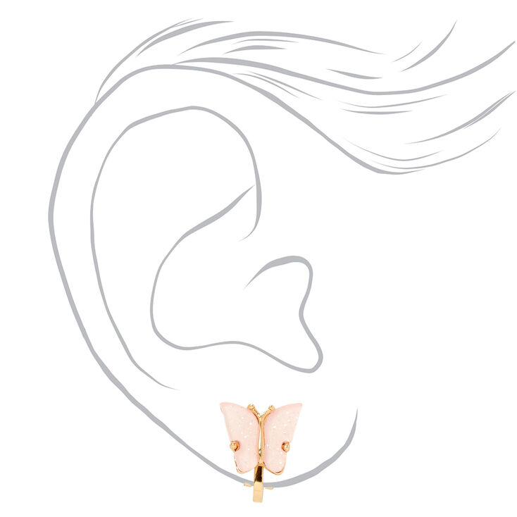 Boucles d&#39;oreilles &agrave; clip papillon couleur dor&eacute;e et rose,