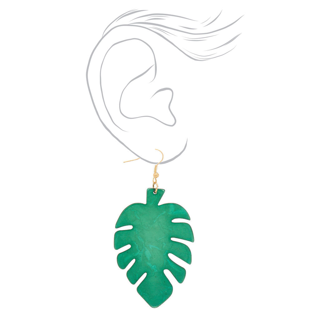 Gold 3" Palm Leaf Drop Earrings - Green,