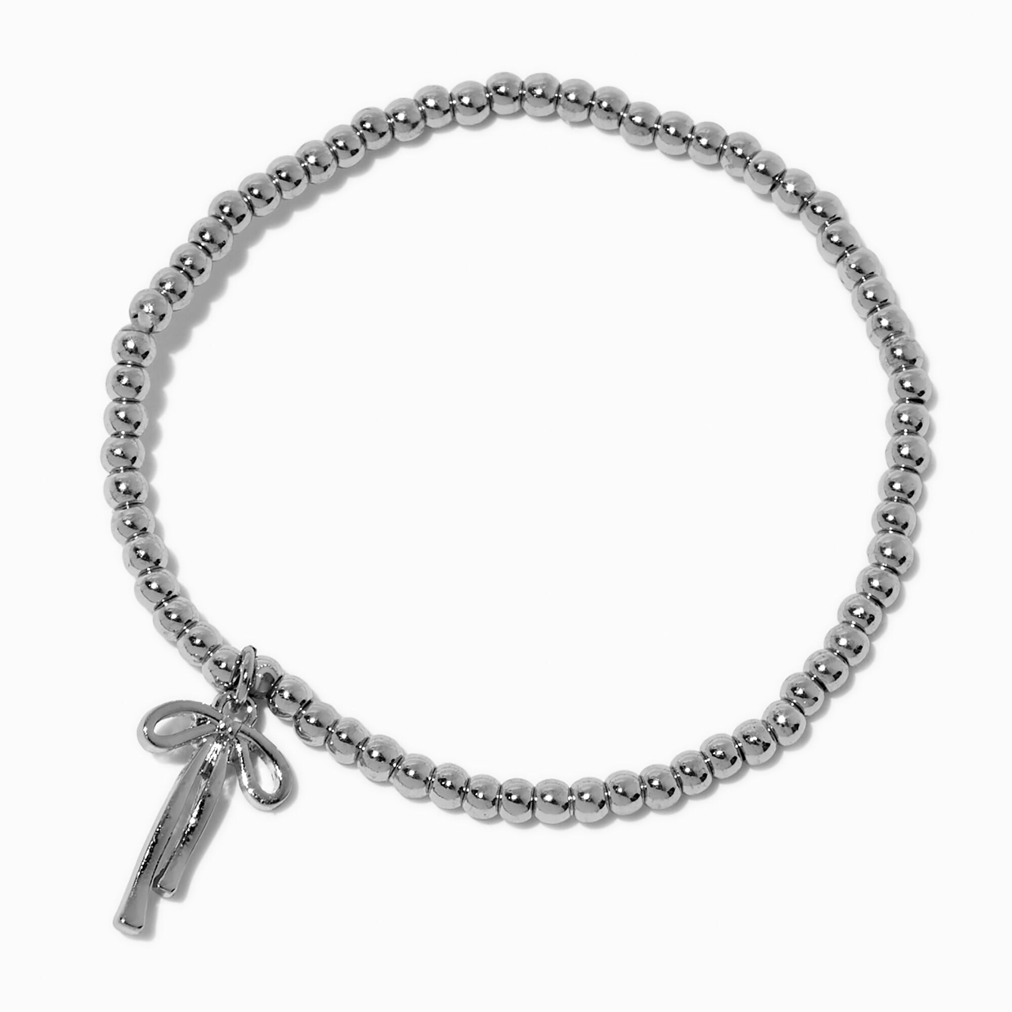 Bracelet élastique perles de rocaille couleur argentée breloque nœud,