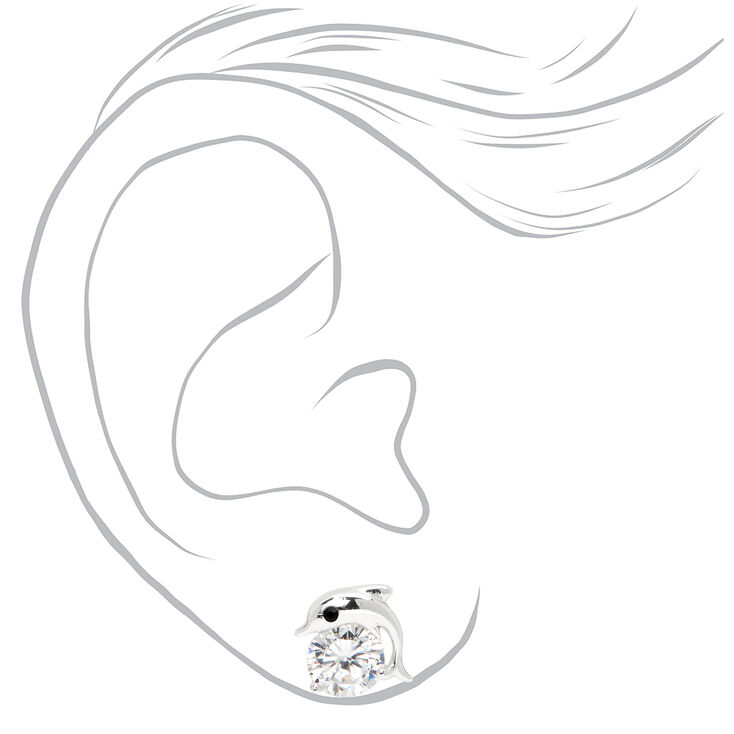 Silver Cubic Zirconia Dolphin Stud Earrings - 6MM,