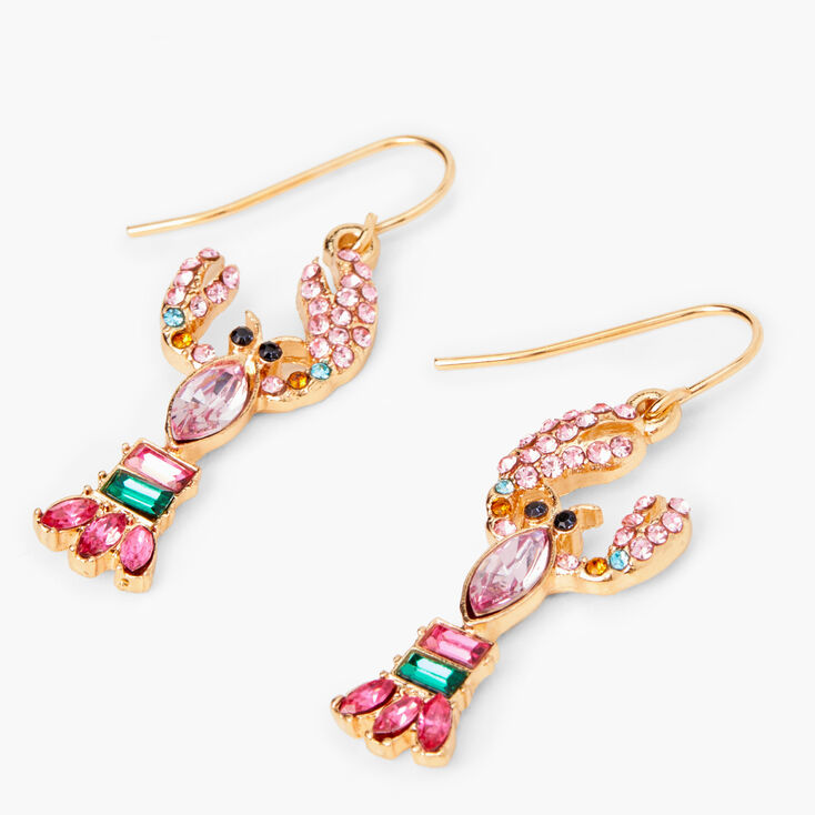 Gold 2&quot; Pink Lobster Crystal Drop Earrings,