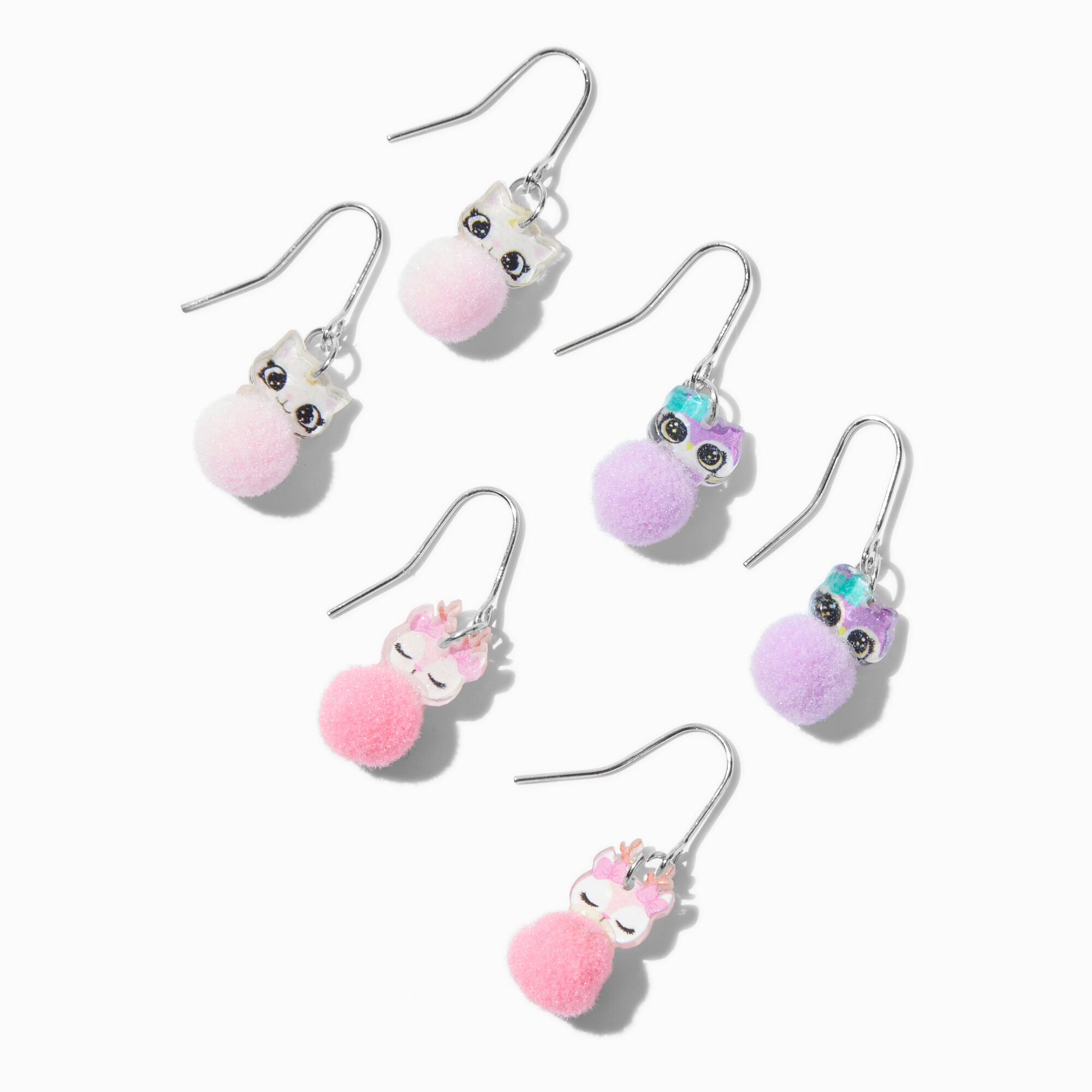 View Claires Pom Animal Drop Earrings 3 Pack Silver information