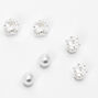 Silver Cubic Zirconia Mixed Shape Magnetic Stud Earrings - 3 Pack,