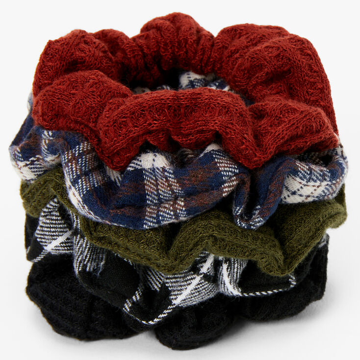 Black Plaids and Solids Ribbed Knit Hair Scrunchies - 5 Pack,
