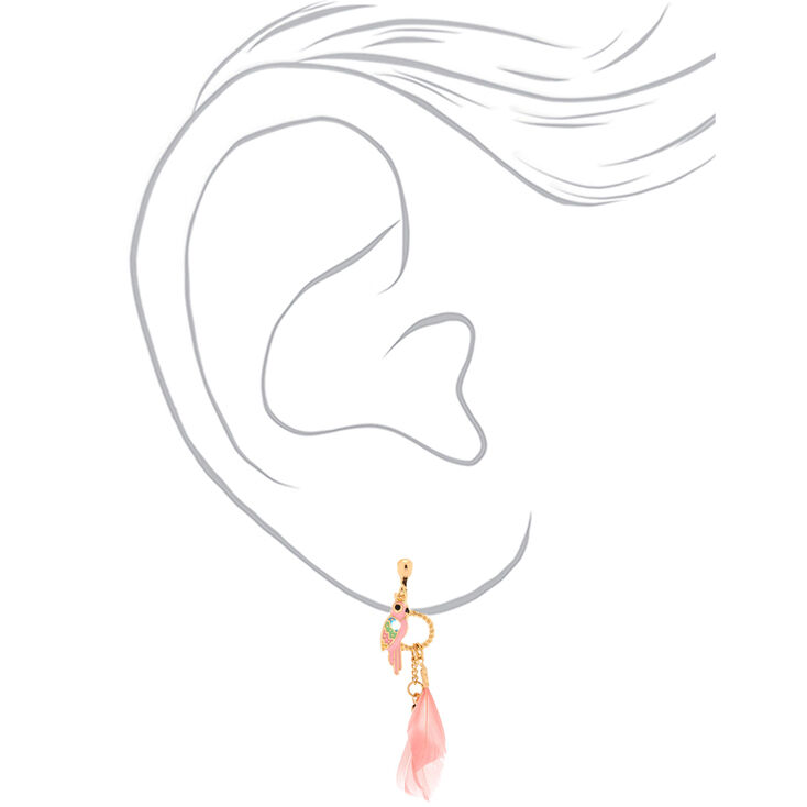 Gold 2&quot; Parrot Feather Clip On Drop Earrings - Pink,