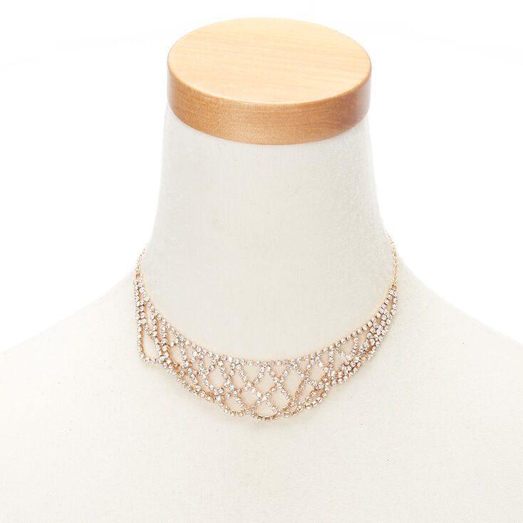 Gold Glass Rhinestone Draped Choker Necklace,