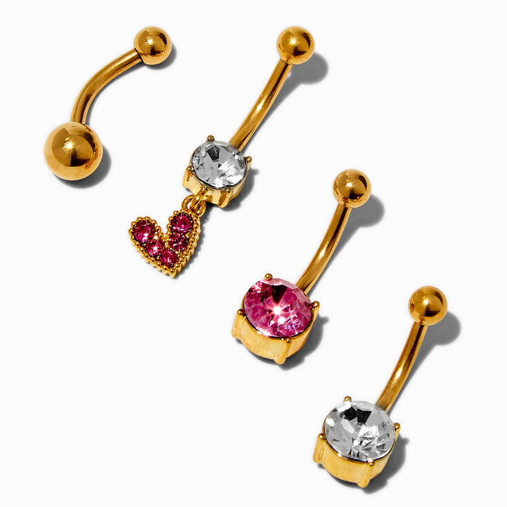 Gold-tone Stainless Steel Heart Dangle 14G Belly Bars - 4 Pack ,