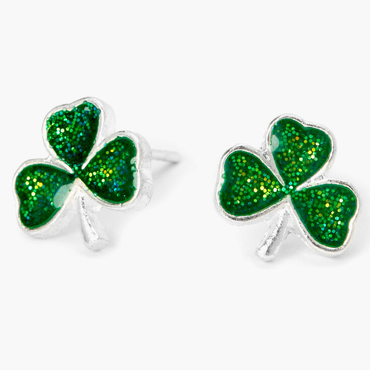 Green Glitter Shamrock Stud Earrings,