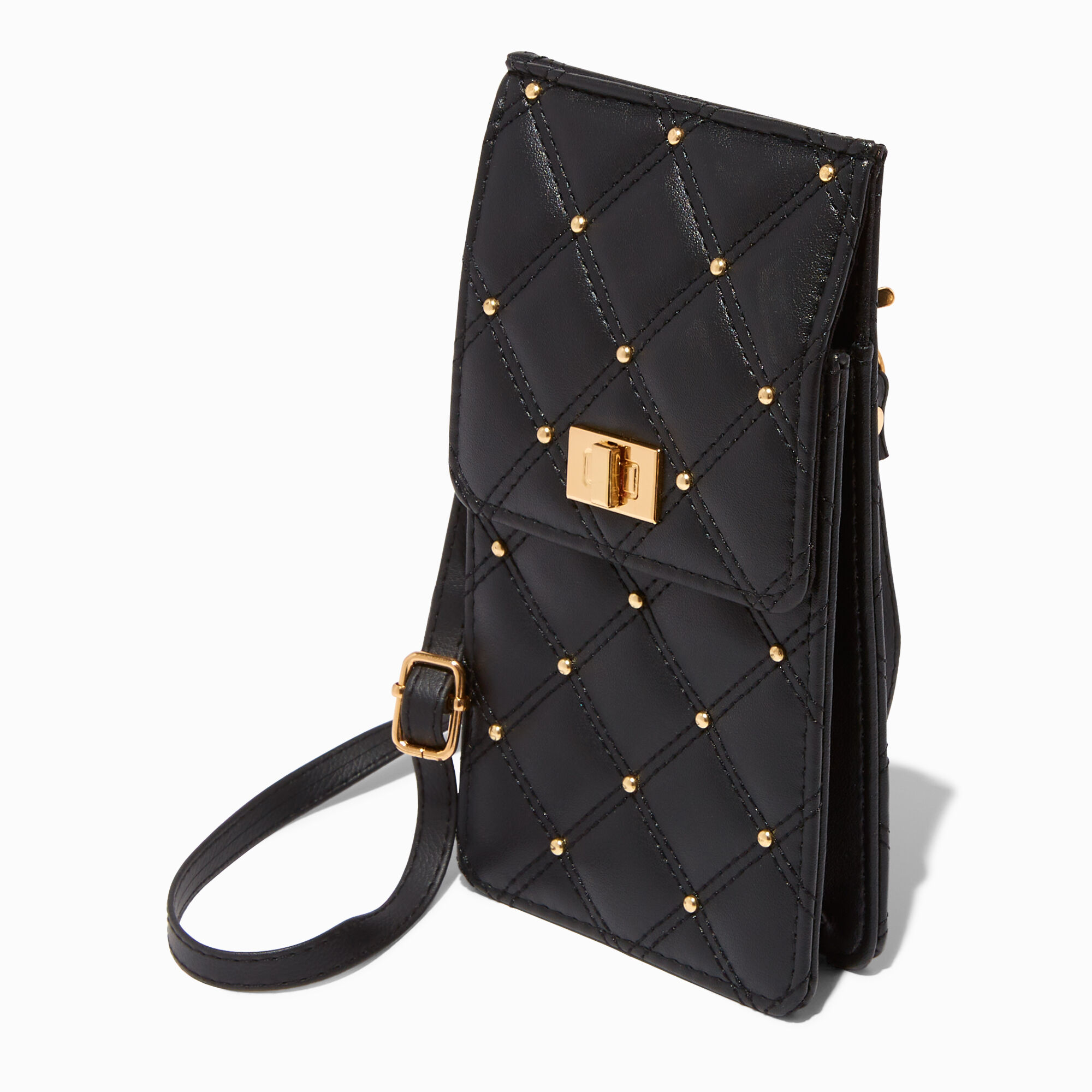 View Claires Quilted Gold Studded Phone Crossbody Bag Black information