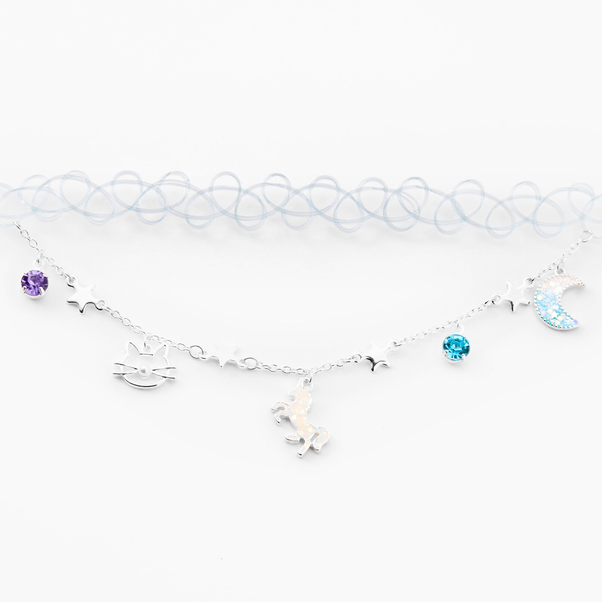 Blue Unicorn & Star Tattoo Choker &  Chain Charm Necklace,
