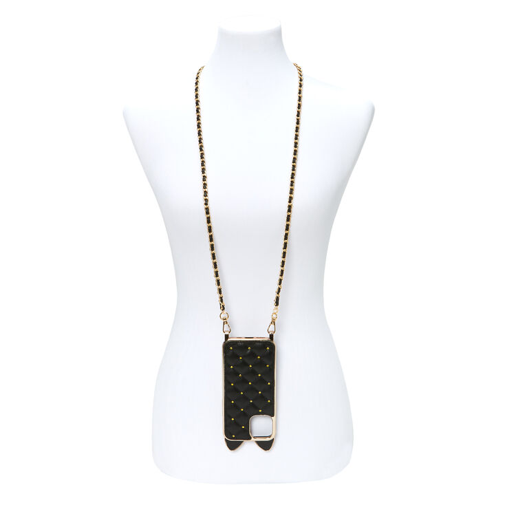 Black Cat Quilted Phone Case with Gold Chain - Fits iPhone&reg; 12/12 Pro,
