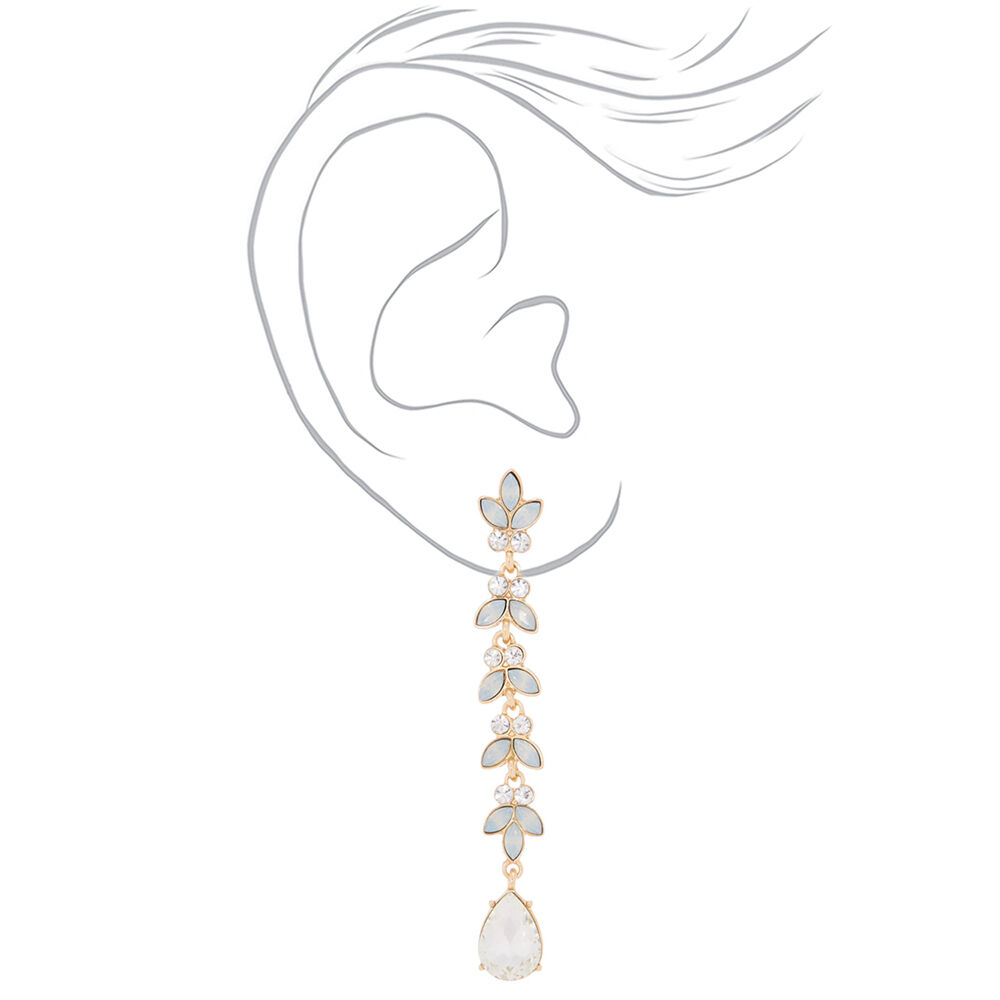 Glass Rhinestone 3" Leaf Drop Earrings - Opal,
