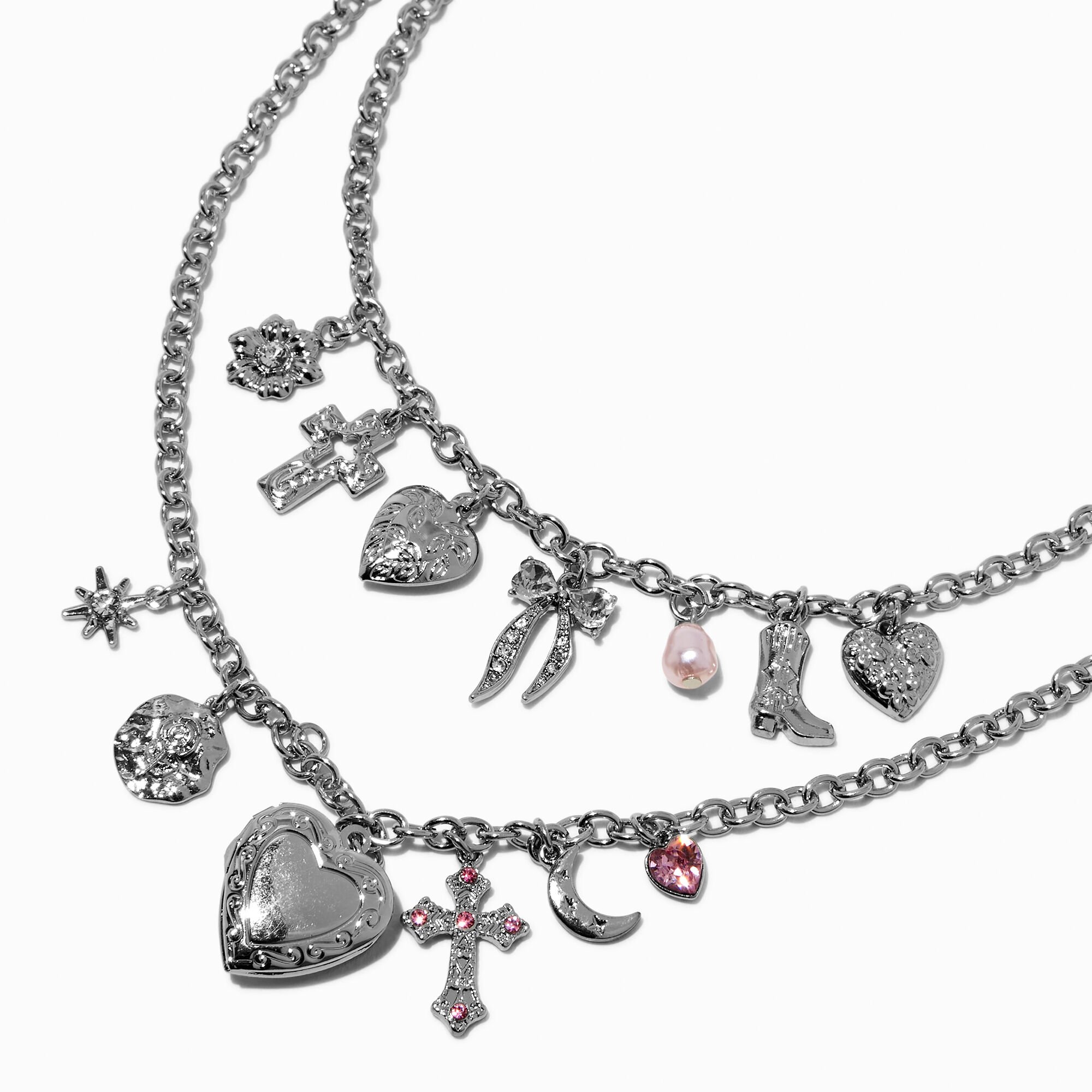 Silver-tone Mega Charm Multi-Strand Necklace,