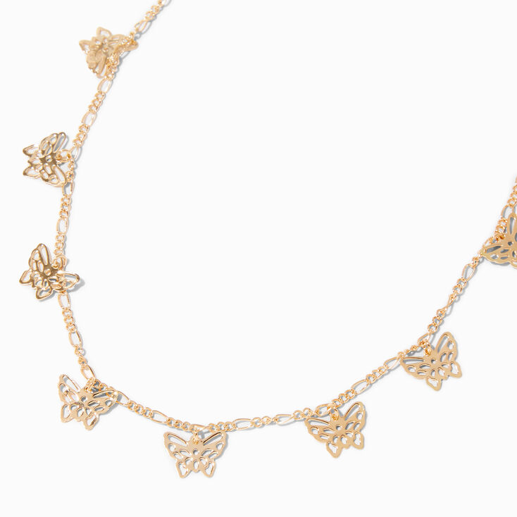 Collier en cha&icirc;ne figaro avec breloques papillon en filigrane couleur dor&eacute;e,