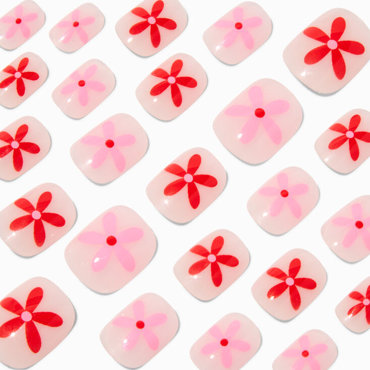 Monochrome Pink Daisy Squoval Vegan Faux Nail Set - 24 Pack,