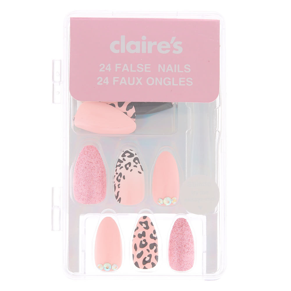 Leopard Bling Stiletto Faux Nail Set - Pink, 24 Pack,