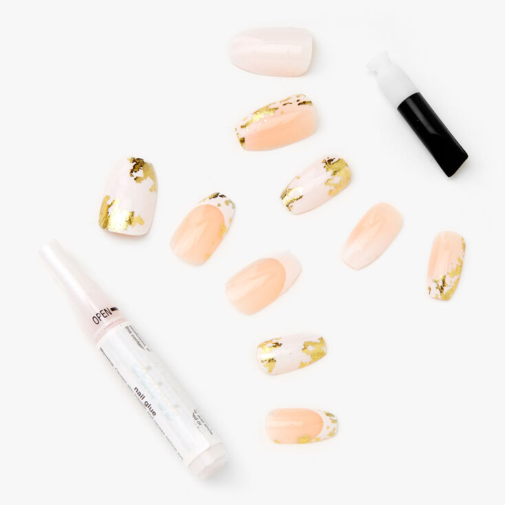 White Marble Gold Foil Coffin Faux Nail Set - 24 Pack,