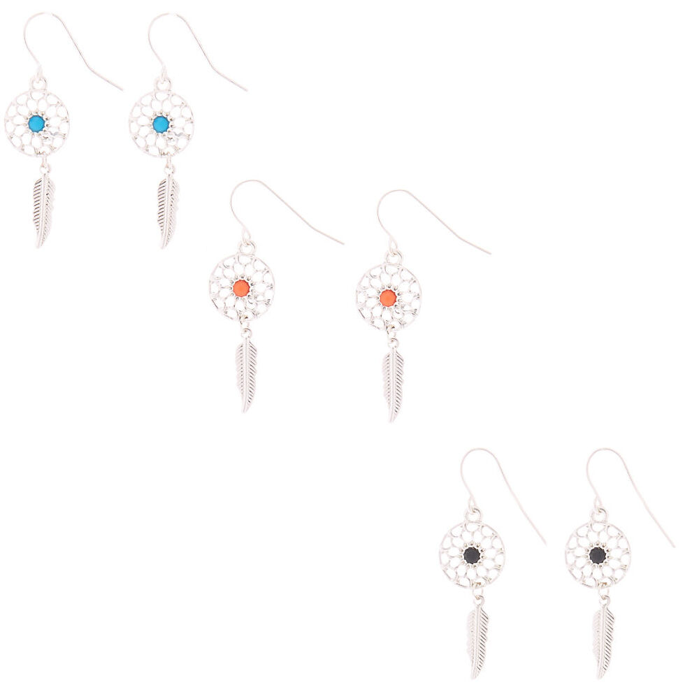 Silver Dreamcatcher and Feather Drop Earrings 3 Pack