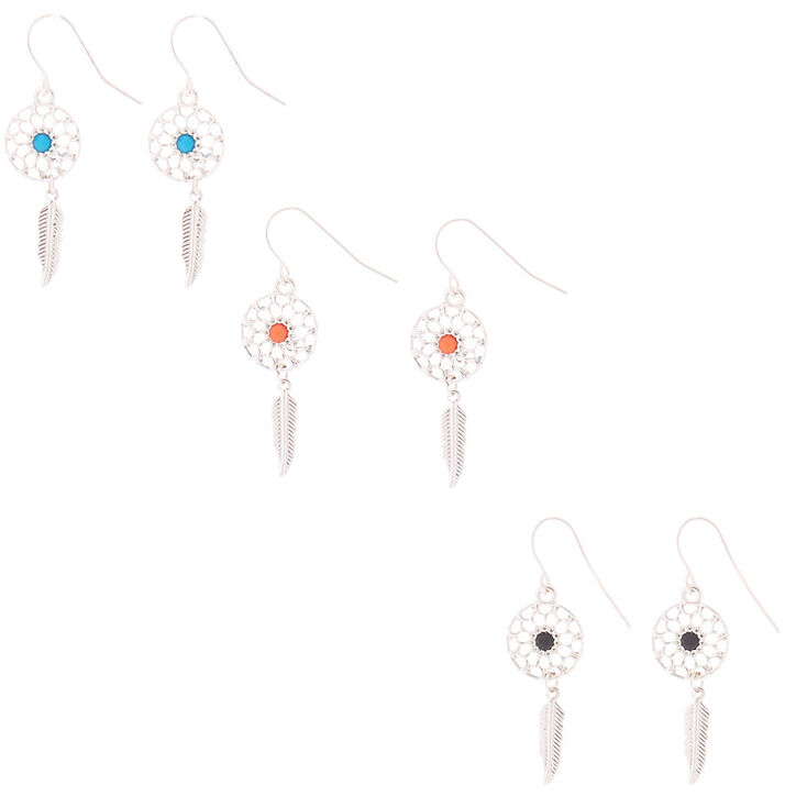 Claire's Lot de 3 paires de pendantes attrape-rêves et plumes couleur argenté