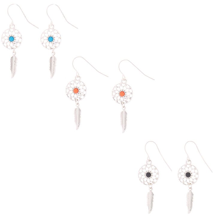 Silver Dreamcatcher and Feather Drop Earrings - 3 Pack,