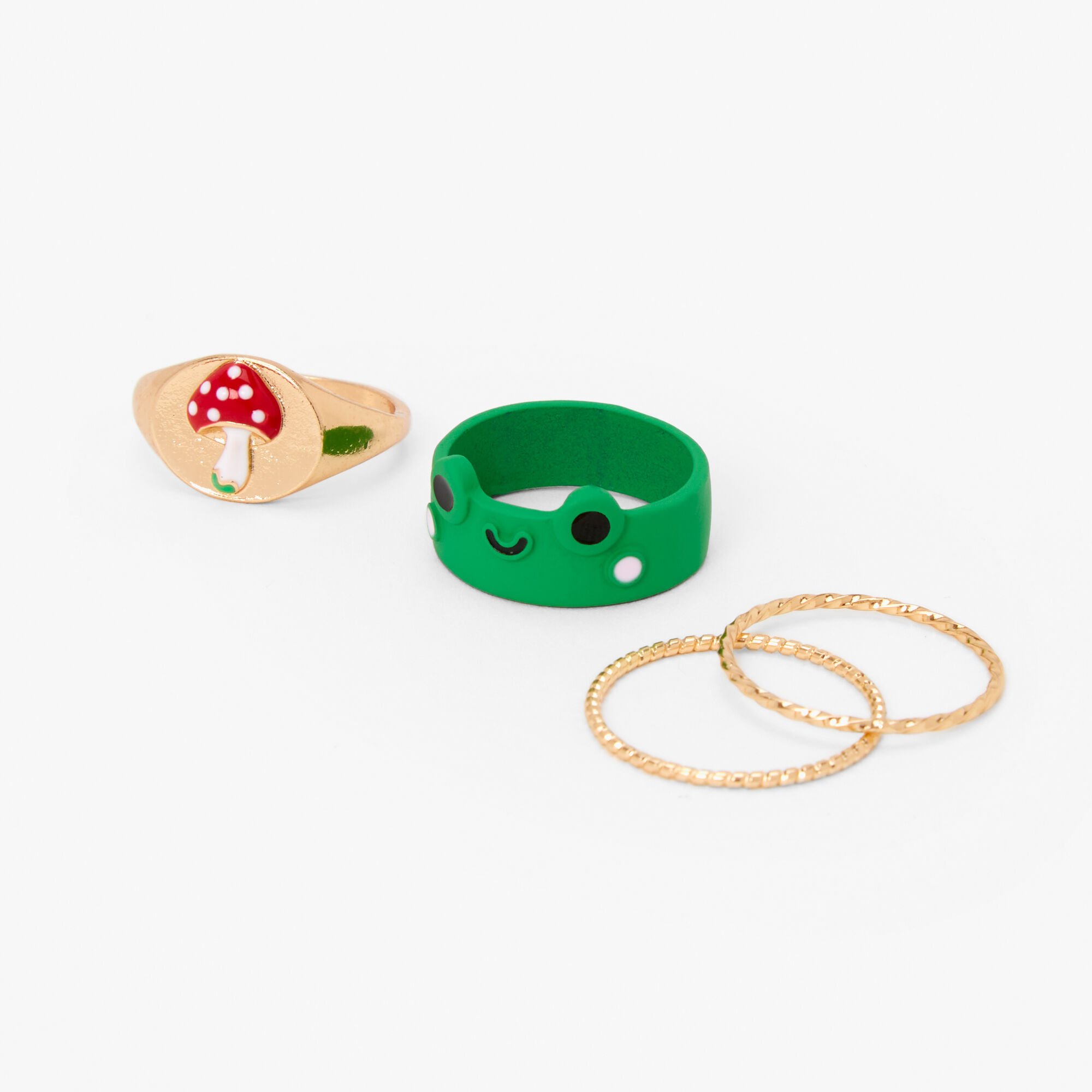 View Claires Green Frog Mushroom Woven Band Ring Set 4 Pack Red information