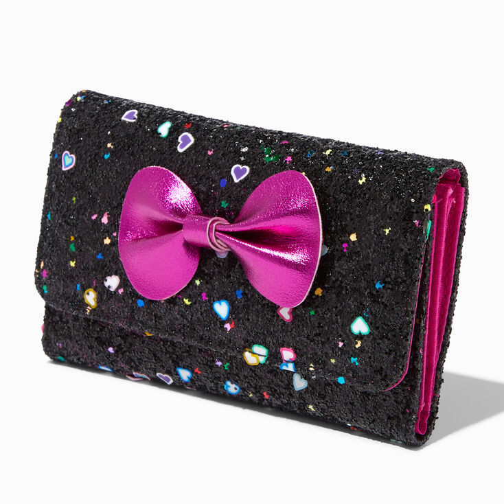 Faux Gem Pink Bow Black Glitter Wallet,