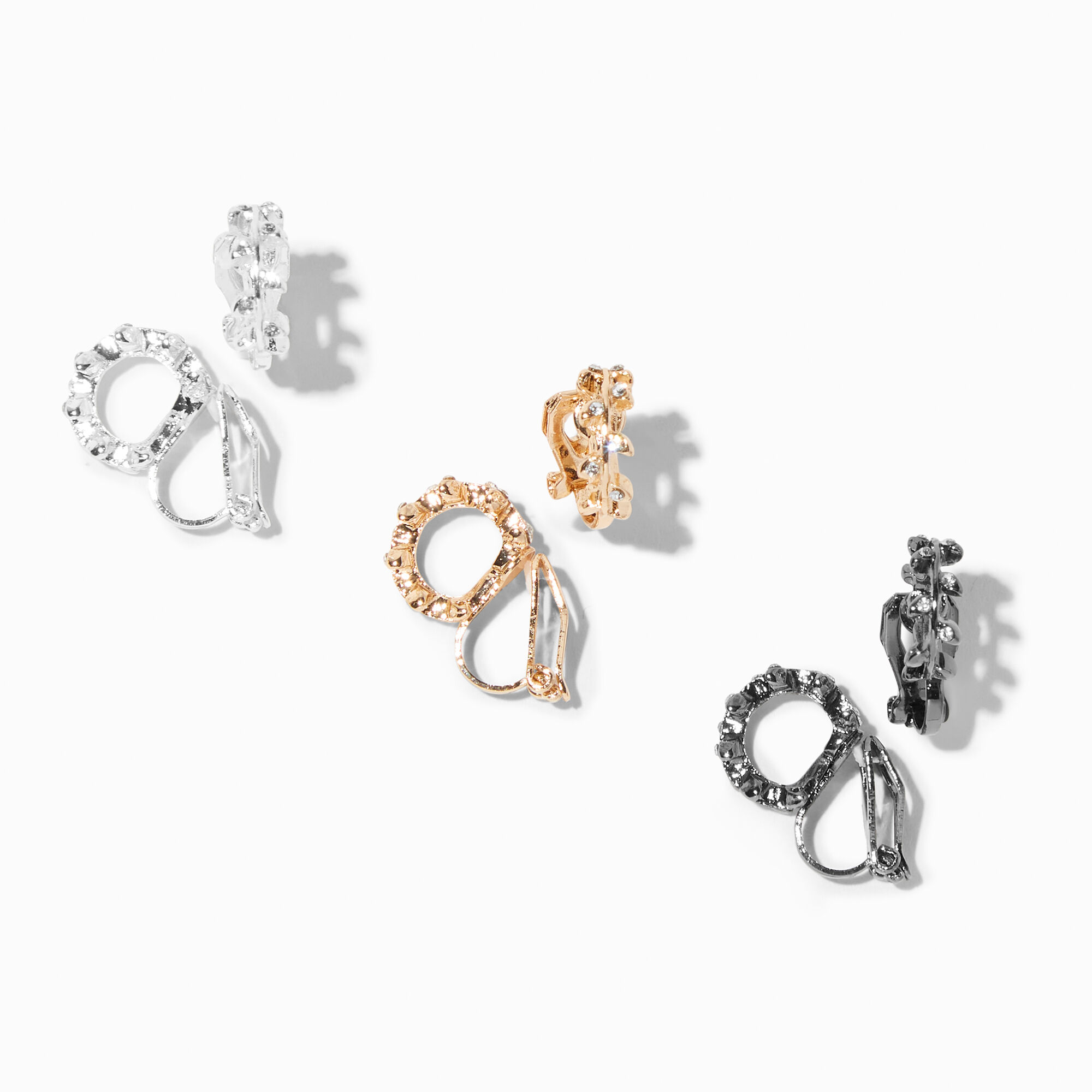 Mixed Metal Crystal Leaf Clip-On Huggie Hoop Earrings - 3 Pack,