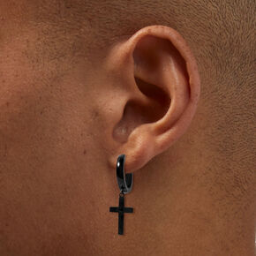 Black Stainless Steel Cubic Zirconia 15MM Cross Huggie Hoop Earrings ,