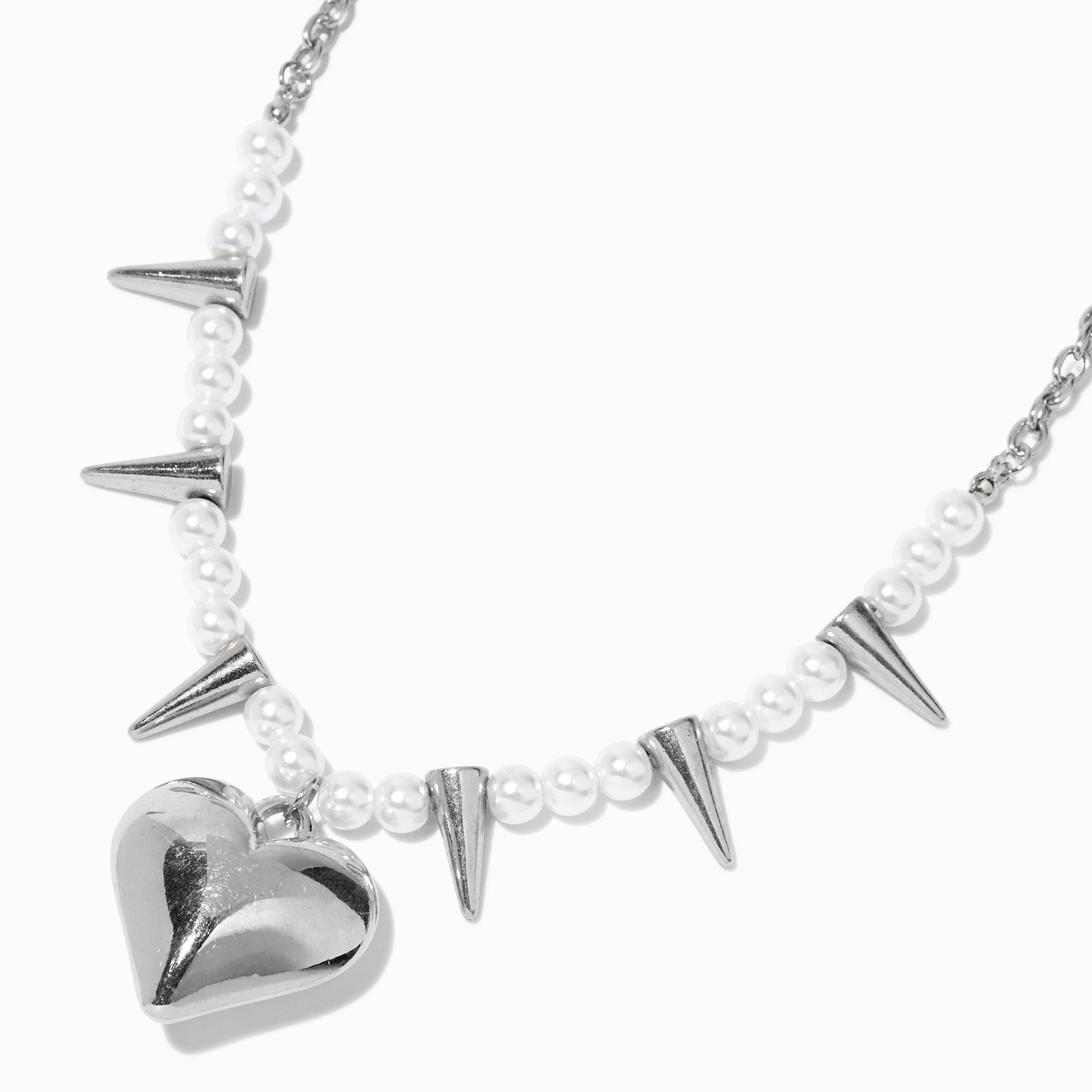 White Pearl & Silver Spike Heart Pendant Necklace,