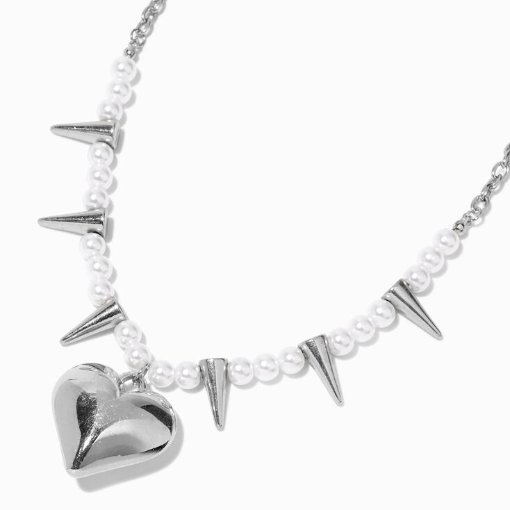 White Pearl &amp; Silver Spike Heart Pendant Necklace,