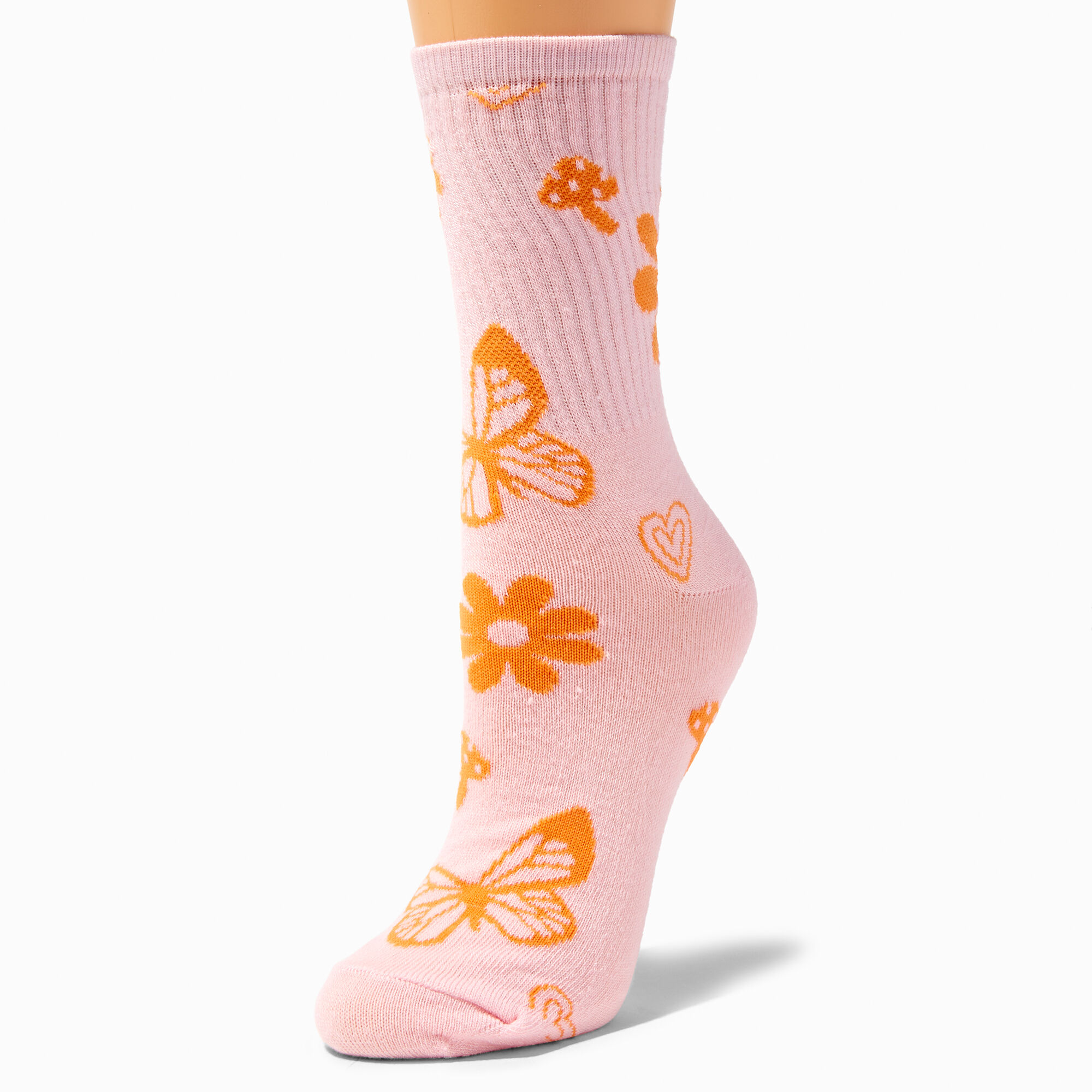 View Claires Pink Butterfly Crew Socks Orange information