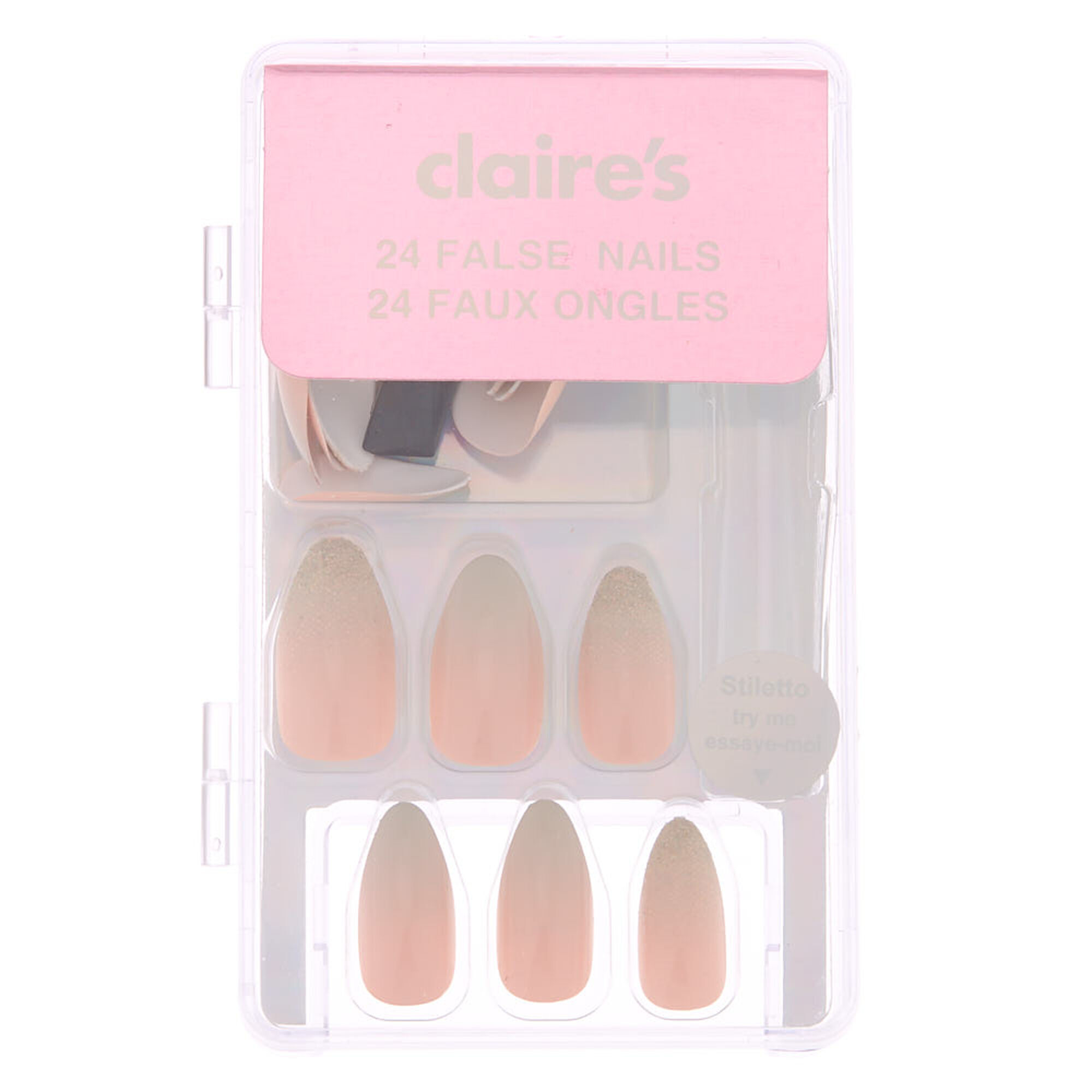 View Claires Ombre Glitter Stiletto Faux Nail Set Pink 24 Pack Grey information