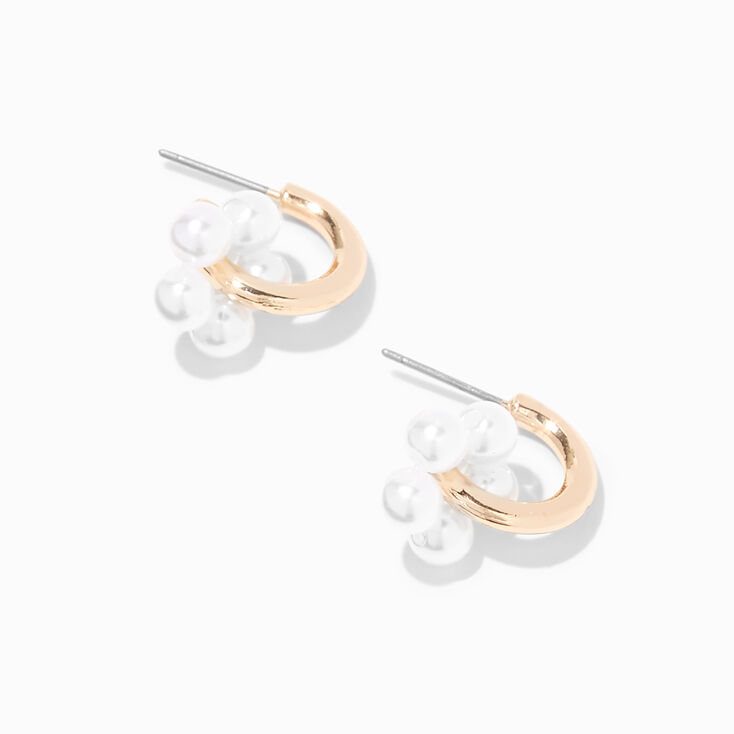 Gold-tone Pearl Flower 30mm Hoop Earrings,