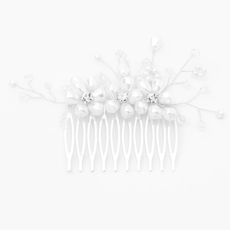 Peigne &agrave; fleurs avec perles d&#39;imitation et strass couleur argent&eacute;e,