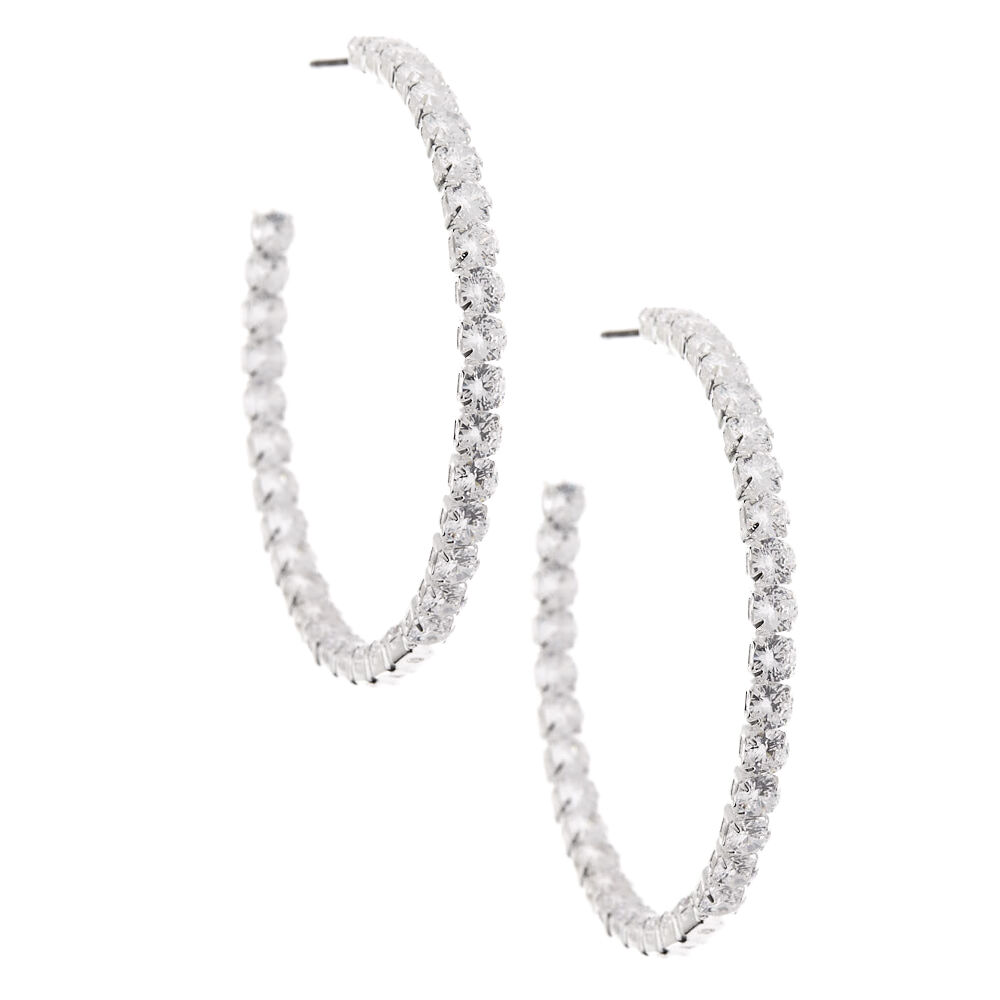 Silver 60MM Cubic Zirconia Hoop Earrings