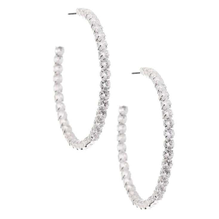 Silver 60MM Cubic Zirconia Hoop Earrings,