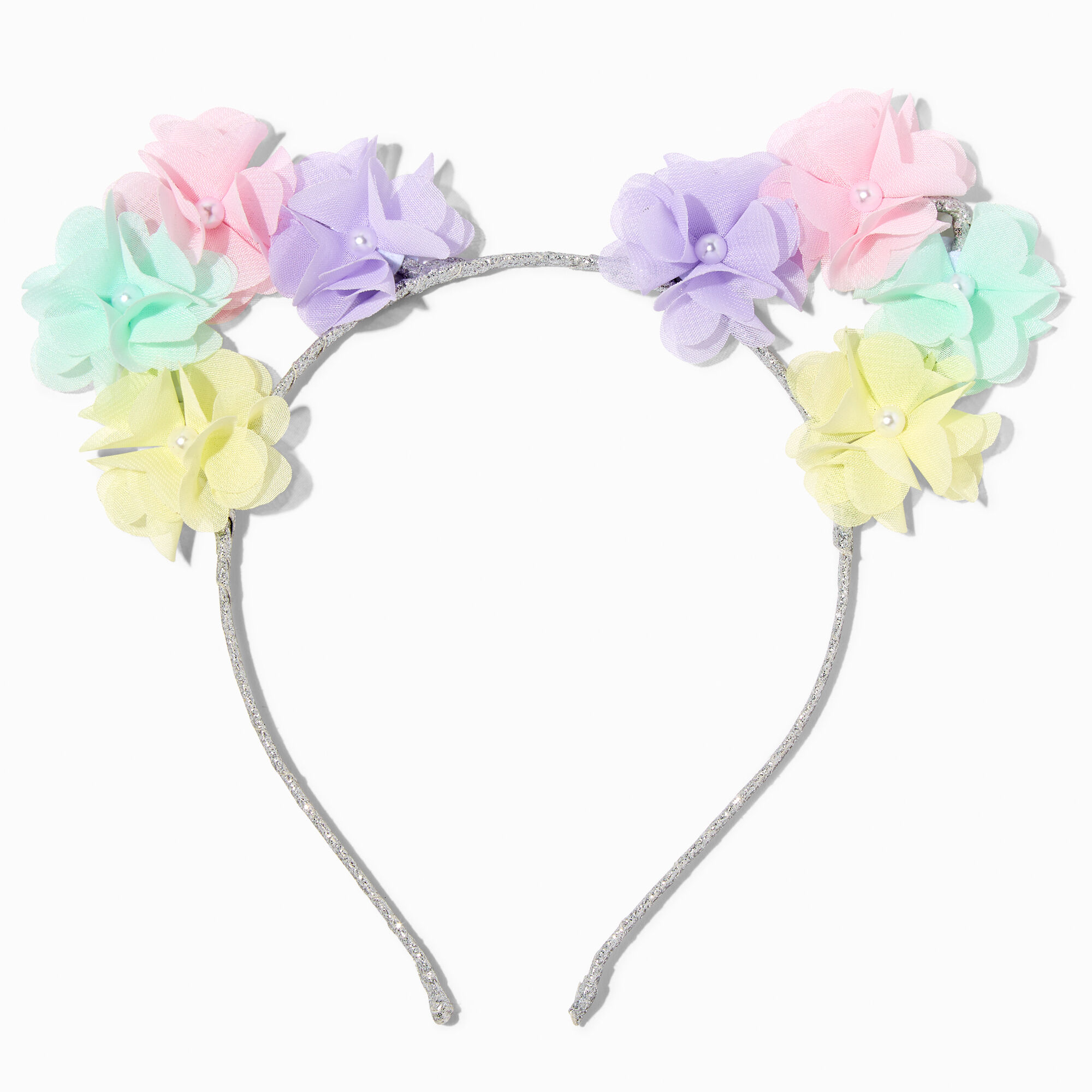 View Claires Club Pastel Flower Cat Ears Headband Silver information