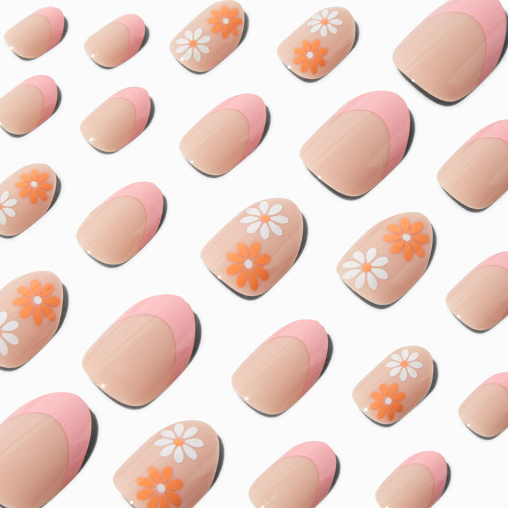 Peach Daisy French Stiletto Press On Vegan Faux Nail Set - 24 Pack