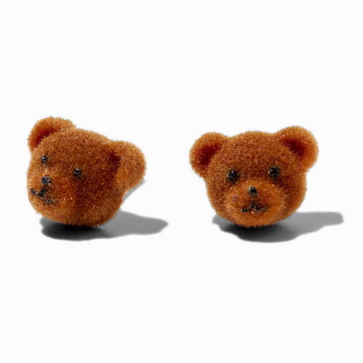 Clous d&#39;oreilles ours pelucheux avec tige couleur argent&eacute;e,