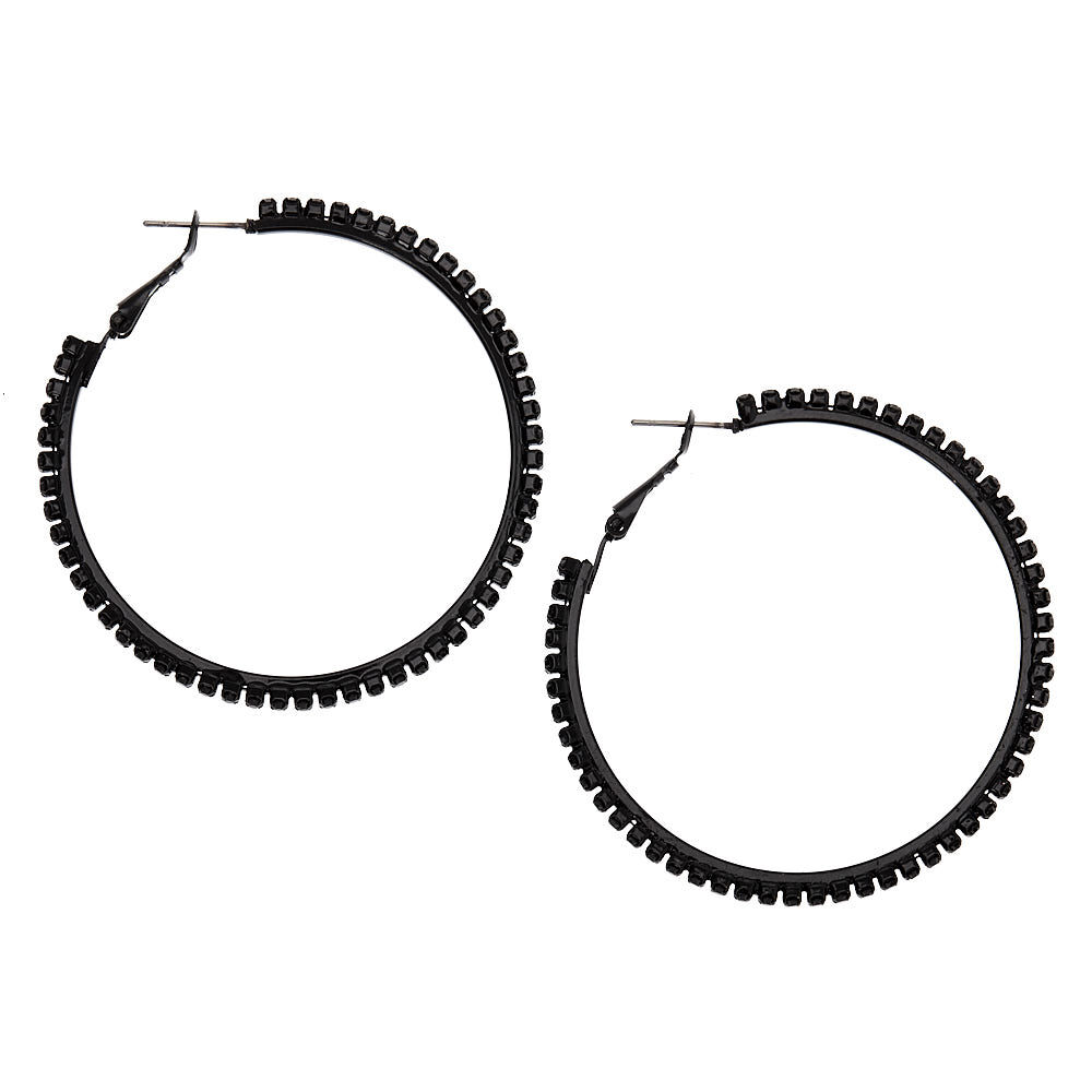 Black Glass Rhinestone Hoop Earrings,