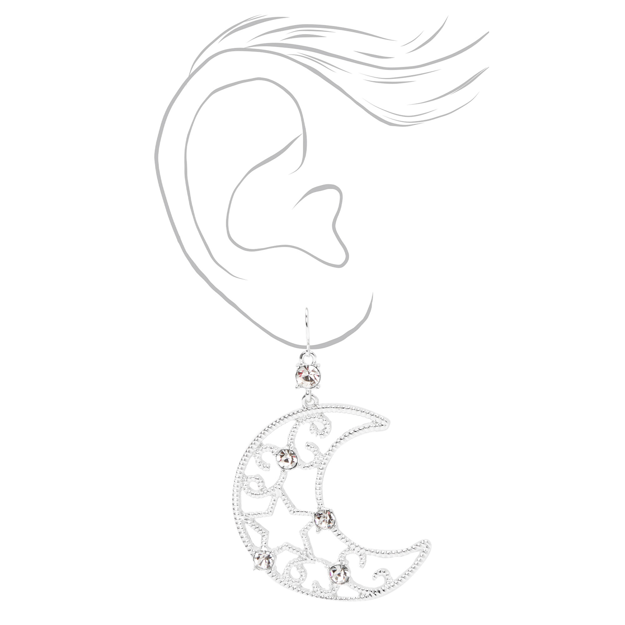 Pendantes ajourées croissant de lune étoile 8 cm couleur argentée,
