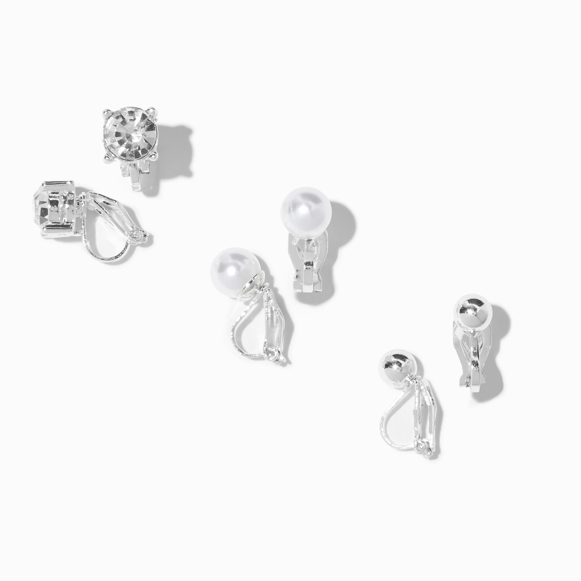 View Claires Tone Crystal Pearl Clip On Stud Earrings 3 Pack Silver information