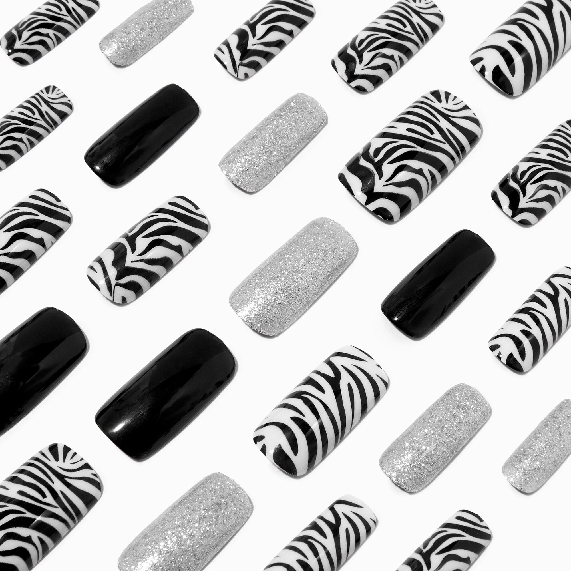 View Claires Zebra Glitter Long Square Vegan Faux Nail Set 24 Pack information